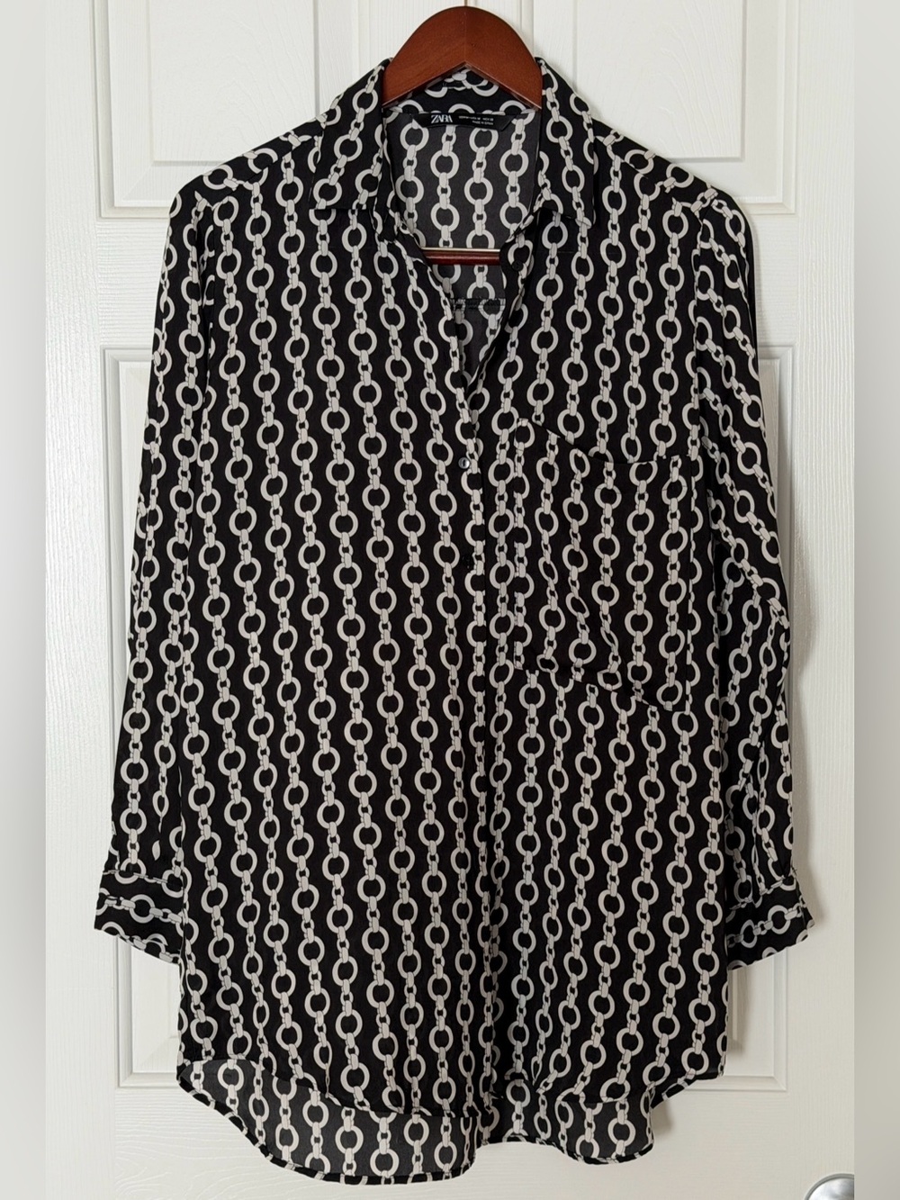 Zara Chain Print Button Front Blouse Black White Size M